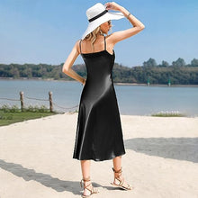 Load image into Gallery viewer, Black Cocktail Satin Slip Midi Dress