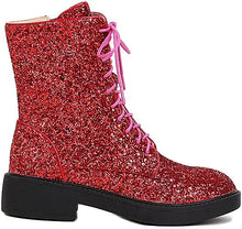 Load image into Gallery viewer, Lace Up Glitter Sequin 4cm-red Combat Boots