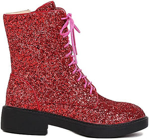 Lace Up Glitter Sequin 4cm-red Combat Boots