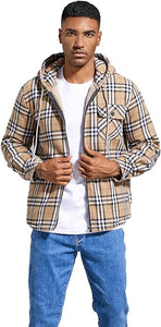 Men's Sherpa Grey & White Plaid Hooded Long Sleeve Jacket