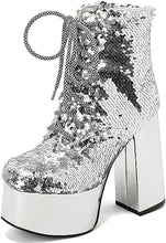 Load image into Gallery viewer, Lace Up Glitter Sequin Silver Combat Boots