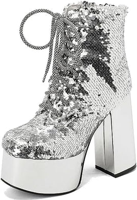 Lace Up Glitter Sequin Silver Combat Boots