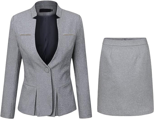 Polished Light Grey Long Sleeve Business Blazer & Skirt Suit Set