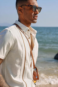 Men's Cuban Style Striped Short Sleeve White Shirt
