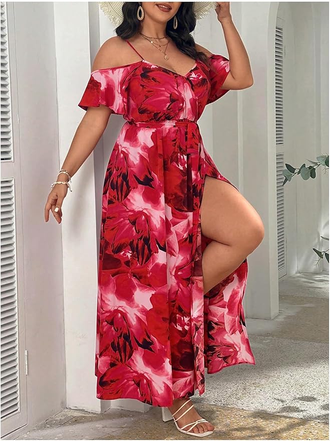 Plus Size Red Floral Cut Out Shoulder Maxi Dress