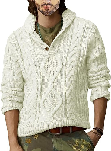 Men's White Cable Knit Long Sleeve Button Neck Sweater