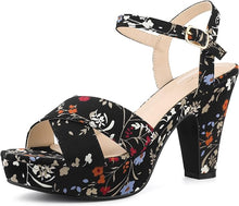 Load image into Gallery viewer, Black Floral Platform Heel Sling Back Sandals