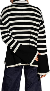 Fall Chic Striped Turtleneck Long Sleeve Black Sweater