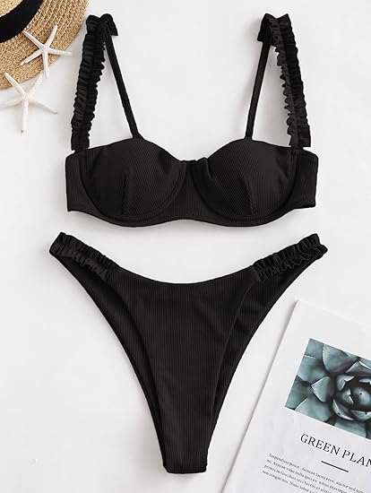 High Cut Underwire Bikini Crow Black Swimsuit Set