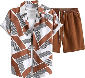 Men's Orange/Black Geometric Short Sleeve Shirt & Shorts Set