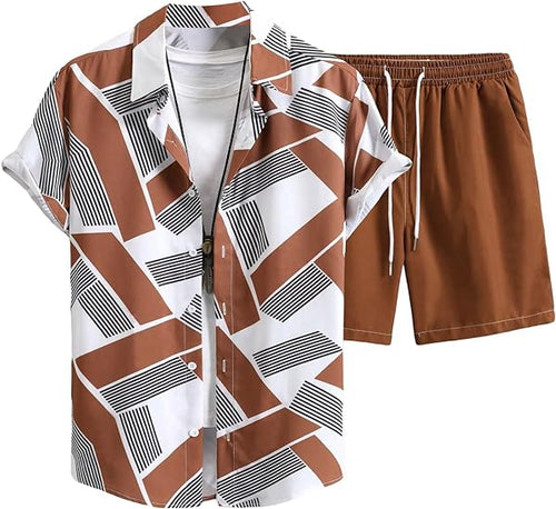 Men's Brown/White Geometric Short Sleeve Shirt & Shorts Set