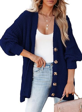 Navy Blue Cable Knit Long Sleeve Cardigan Sweater