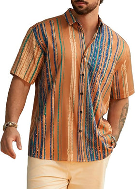 Men's Vacation Striped Summer Short Sleeve Yellow Striped Shirt
