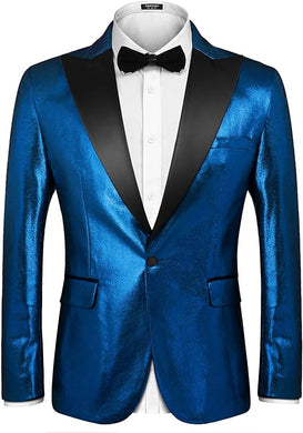Men's Blue Metallic Slim Fit Long Sleeve Tuxedo Jacket