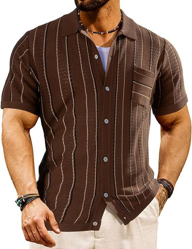 Men's Short Sleeve Vintage Style Striped Coffee Shirt