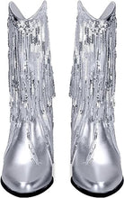 Load image into Gallery viewer, Metallic Silver Glitter Sequin Tassel Cowboy Boots