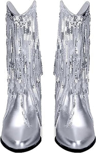 Metallic Silver Glitter Sequin Tassel Cowboy Boots