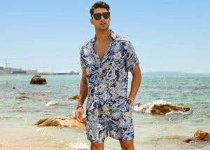 Casual Men's Blue Vacation Style Shirt & Shorts Set