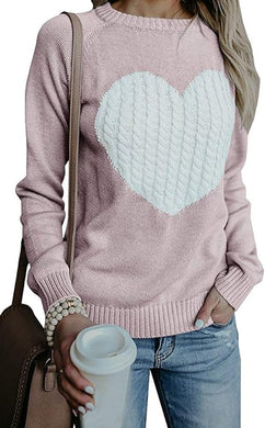 Winter Heart Patchwork Pink Knit Long Sleeve Sweater