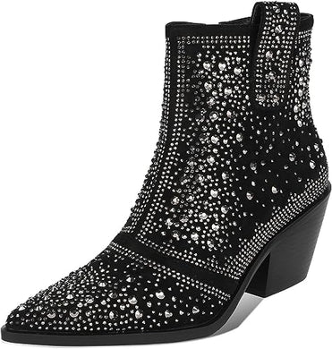 Cowboy Style Rhinestone Sequin Black Ankle Boots