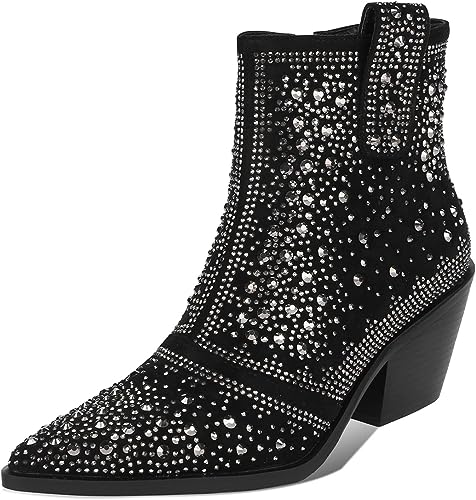 Cowboy Style Rhinestone Sequin Black Ankle Boots