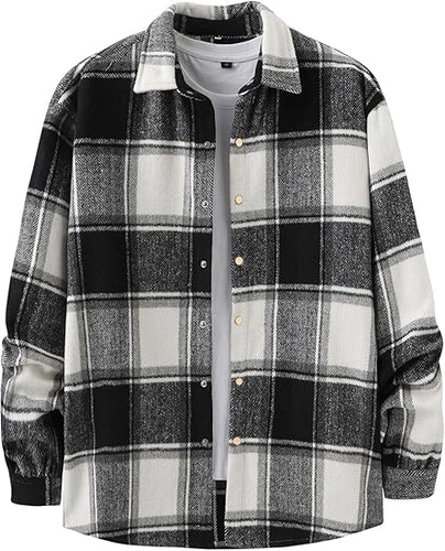 Men's Cotton Black-White Plaid Flannel Long Sleeve Shirt