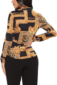 Plus Size Luxury Black/Gold Satin Silk Button Down Long Sleeve Blouse