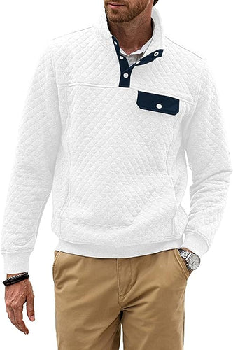 Men's Quilted White Long Sleeve Pullover Sweater