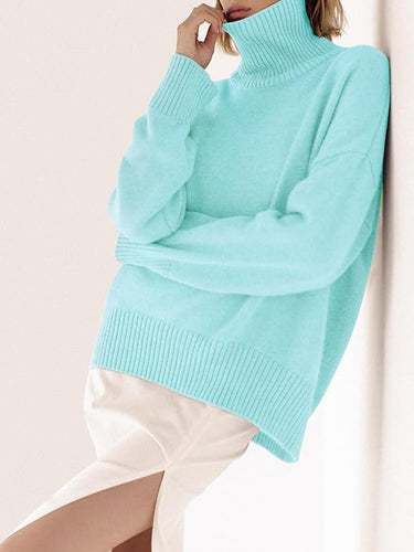 Fashionable Mint Blue Turtleneck Style Long Sleeve Sweater