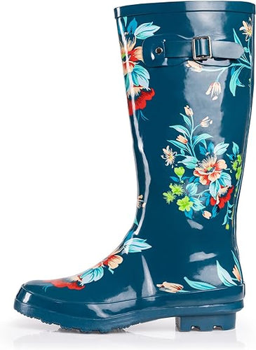 Turquoise Floral Waterproof Rain Boots Water Shoes