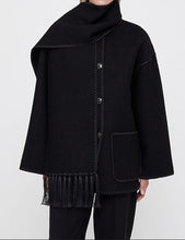 Load image into Gallery viewer, Trendy Wool Dark Grey Embroidered Scarf Style Trench Coat Jacket