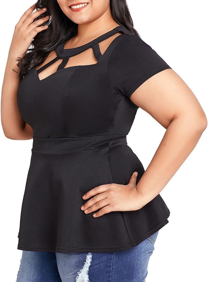 Plus Size Black Cut Out Peplum Short Sleeve Top