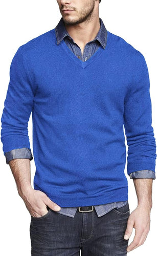 Men's Soft Knit Royal Blue V Neck Long Sleeve Sweater