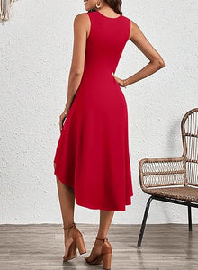 Red Sleeveless Ruched Flowy Midi Cocktail Party Dress