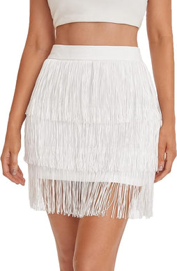 White Fringe Chic High Waist Tassel Mini Skirt