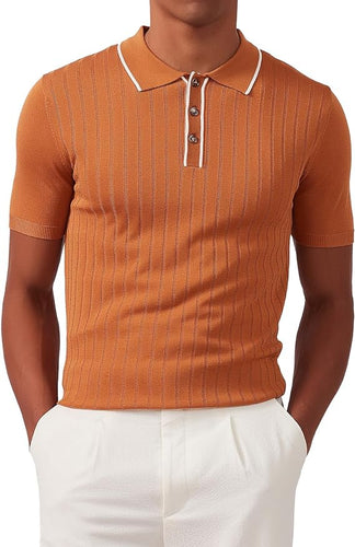 Men's Knit Collar Short Sleeve Striped Caramel Shirt