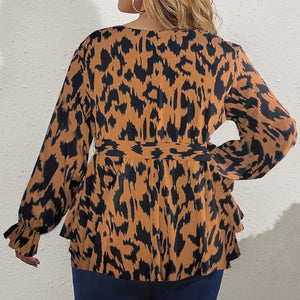 Plus Size Leopard Brown Long Sleeve Peplum Wrap Top