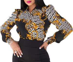 Plus Size Luxury White/Gold Satin Silk Button Down Long Sleeve Blouse