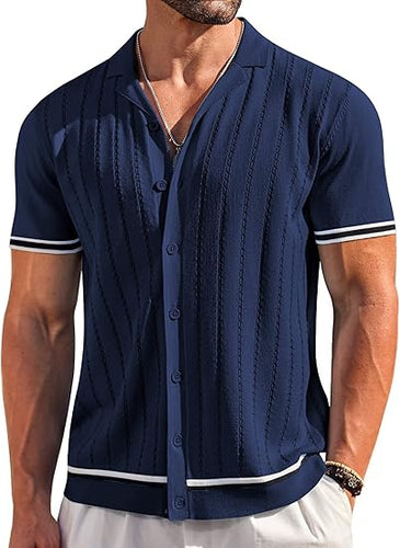 Men's Knitted Button Down Navy Short Sleeve Shirt