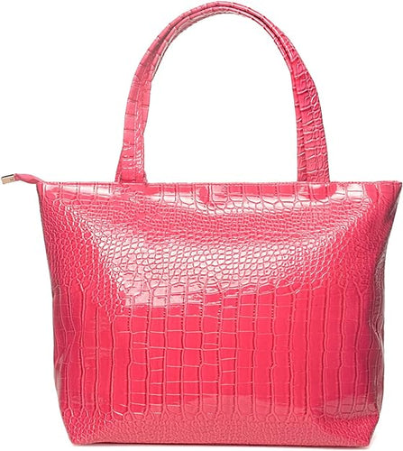 Fashionable Coral Pink Crocodile Printed Tote Style Handbag