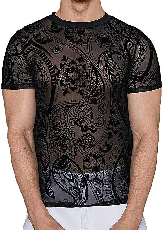 Men's Black Mesh Paisley Short Sleeve Shirt