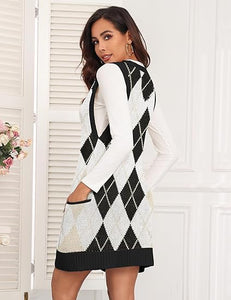 Black Houndstooth Knitted V Neck Sweater Dress