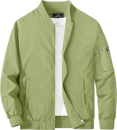 Men's Lime Green Windproof Long Sleeve Zip Up Bomber Jacket