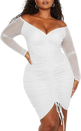 Plus Size White Ruched Mesh Long Sleeve Mini Dress