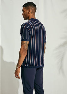 Men's Short Sleeve Vintage Style Striped Navy Blue Shirt