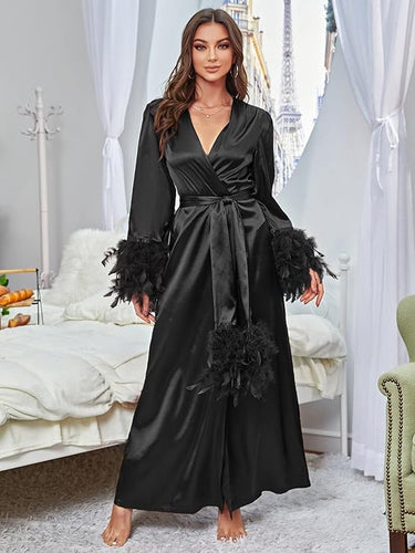 Lovely Black Long Sleeve Faux Fur Belted Robe