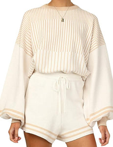 Soft Knit Pullover Long Sleeve White/Black Striped Sweater & Shorts Set