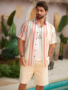 Men's Vacation Striped Summer Short Sleeve Multicolor Shirt