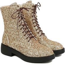 Load image into Gallery viewer, Lace Up Glitter Sequin 4cm-gold Combat Boots