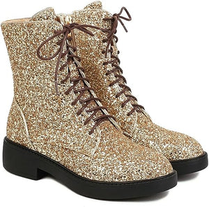 Lace Up Glitter Sequin 4cm-gold Combat Boots